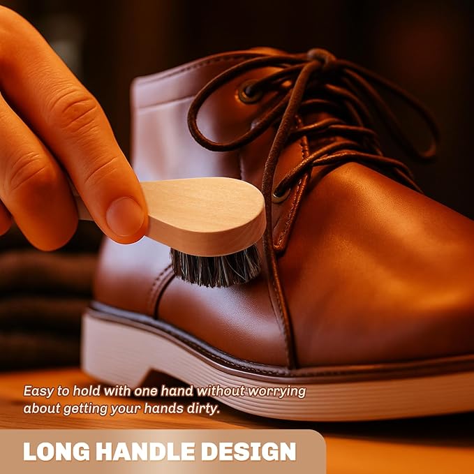 4 Pcs Horsehair Shine Shoes Brush Kit Polish Dauber Applicators Cleaning Leather Shoes Boots Care Brushes Suede Cleaner Brush with Microfiber Shoe Cloth(Wooden Handle A)