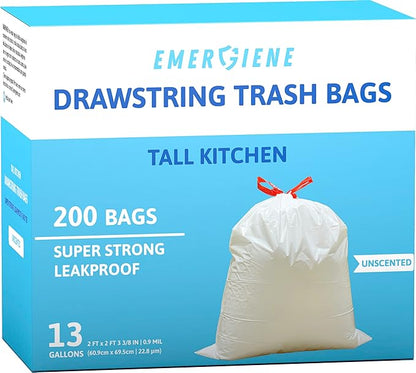 13 Gallon Drawstring Trash Bags, Unscented 200 Count Tall Kichen Garbage Bags, Pre-Separated, Ultral Strong, Leakproof, Sturdy, White
