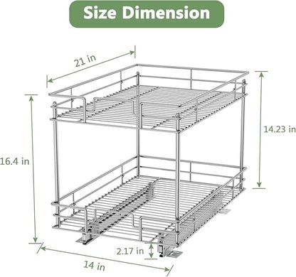 ROOMTEC Pull Out Cabinet Organizer, Kitchen Cabinet Organizer and Storage 2-Tier Cabinet Pull Out Shelves for Kitchen,Under Sink Organizers and Storage 14" W x 21" D Chrome