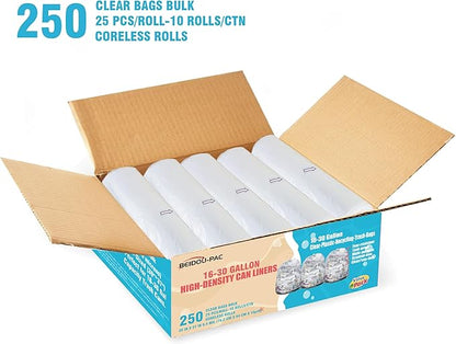 16-18-20-30 Gallon Trash Bags, 250 Count Bulk, Clear Plastic Recycling Bags, Multi-purpose Garbage Bags Can Liners for Business Home Kitchen Commercial and Industrial