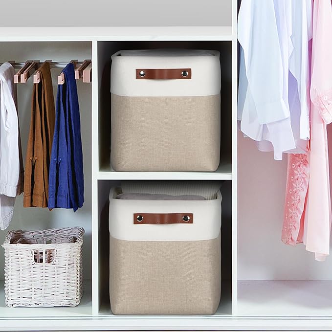 Univivi 4 PC Foldable Storage Baskets,10.5 inch Fabric Storage Bins for Shelf with Hard Bottom,Storage Baskets with PU Handles Cube Storage Bins for Closet Organizing (Khaki)