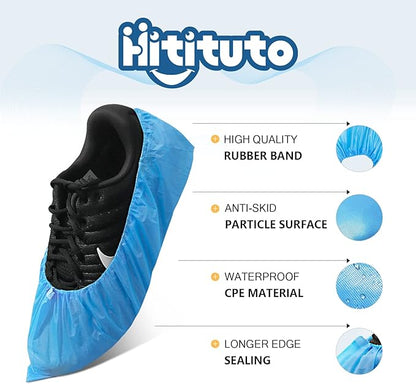 Hitituto Shoe Covers Disposable Non-slip for Indoors -200 Pieces (100 Pairs) Waterproof Premium CPE Booties Shoes Protectors Coverings, fits up to size 11 US Men and 13 US Women, Blue, Large