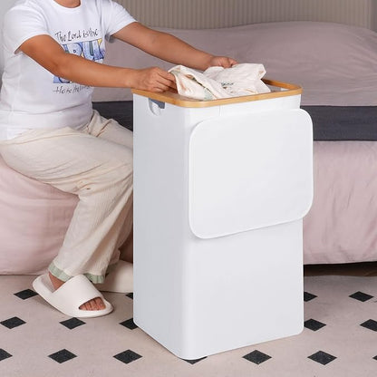 efluky Laundry Hamper with Lid, 100L Tall Laundry Basket with Bamboo Handles for Clothes and Toys, Collapsible Laundry Hamper with Inner Bag for Bedroom and Bathroom, White