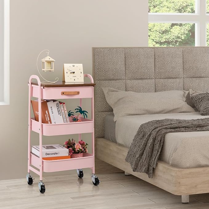 AGTEK Makeup Organizer Cart with Drawer, 3-Tier Metal Utility Cart with Hanging Cups, Leather Handle, Mobile Trolley for Home & Office, Pink
