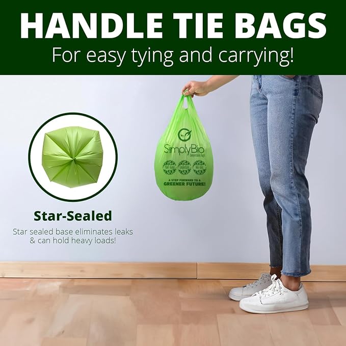 1.6 Gallon Compostable Trash Bags Handle, Heavy Duty Thick 0.6 Mil, 6.06 Liter, 50 Bags, Small Kitchen Food Scrap Waste Bag, ASTM D6400, US BPI and OK Compost Home Certified