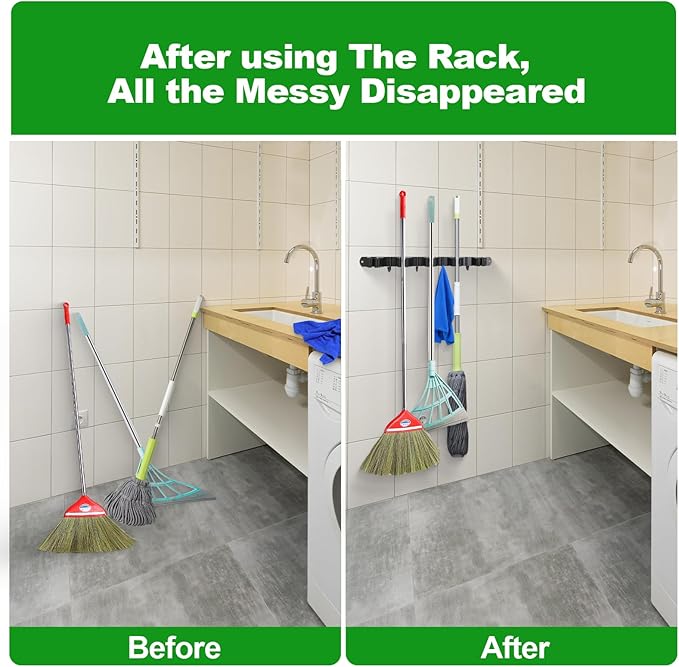 voze 5 Racks and 4 Hooks Mop and Broom Holder Wall Mount, Self Adhesive Heavy Duty Broom Hanger Organizer Storage Tool Racks for Kitchen Garden Laundry Garage Black