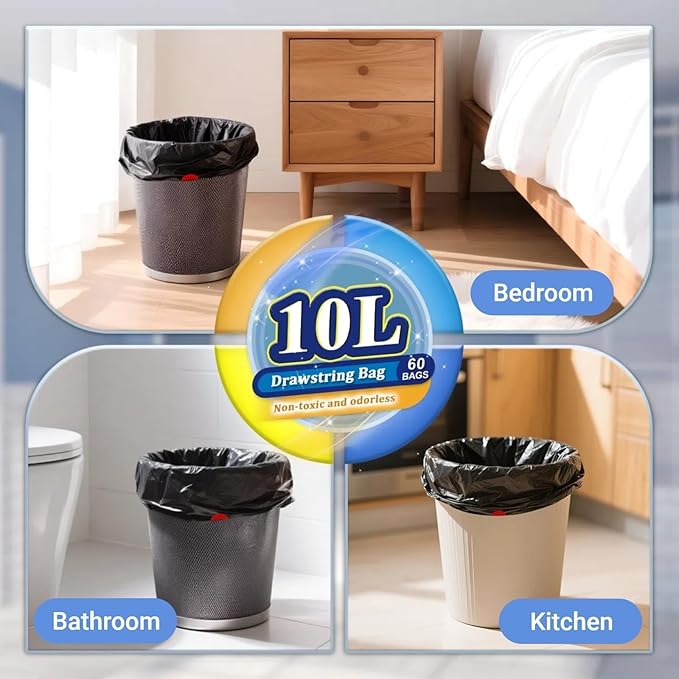 XUXRUS 2.6-3 Gallon Black Bathroom Drawstring Trash Bags - 60 Count Folded Small Garbage Bags, Tear-Resistant & Leak-Proof, Odor Control Liners for Bathroom, Kitchen, Office – Heavy Duty Trash Bags