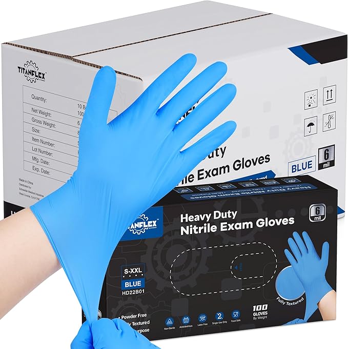 TitanFlex Heavy-Duty Blue Nitrile Gloves, 6-mil, Fully Textured, Mechanic Disposable Gloves, Powder-Free, Latex-Free