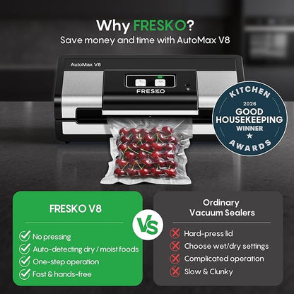 Fully Automatic Vacuum Sealer, 95Kpa Powerful Food Vacuum Sealer Machine, Auto Dry-Wet Detection | Bag Cutter | 2 Rolls Bags | Effortless Operation, Silver - Black