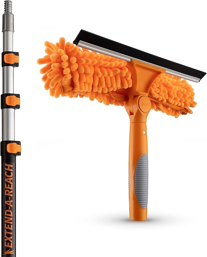 4-12 ft Window Washing Kit with Extension Pole (20+ Foot Reach) // Window Cleaning Tool & Window Washer Squeegee with Telescopic Extension Pole // Best Indoor Outdoor Window Washing Equipment