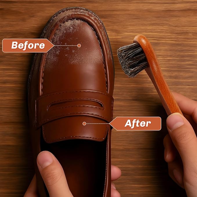 4 Pcs Horsehair Shine Shoes Brush Kit Polish Dauber Applicators Cleaning Leather Shoes Boots Care Brushes Suede Cleaner Brush with Microfiber Shoe Cloth(Brown Handle B)