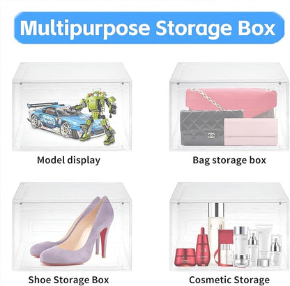 8 Pack Shoe Boxes Clear Plastic Stackable, Drop Front Shoe Storage Organizer for Closet, Sneaker Storage with Magnetic Door, Shoe Display Containers Fit US Size 12 (13.4”x 10.6”x 7.5”) Clear