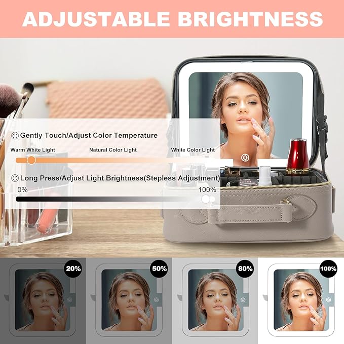 Mocado Travel Makeup Bag with LED Lighted Mirror,Travel Makeup Organizer,Makeup Case with 3 Color Lighted Setting and 10x Magnifying Mirror,Portable Storage and Adjustable Dividers Makeup Box(Grey)