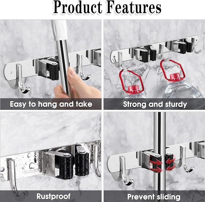 2 Racks and 3 Hooks Broom and Mop Holder Wall Mounted Garage Organizer Storage Tool Racks Stainless Steel Heavy Duty Hooks Self Adhesive Solid Non-slip Wall Hangers for Home Kitchen Garden Laundry