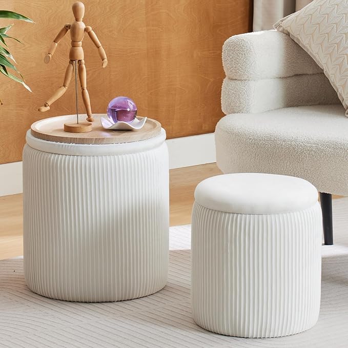 Round Ottoman with Storage Set of 2-Upholstered Velvet Vanity Stool for Makeup Multifunctional Ottomans Coffee Table Padded Seat Foot Rest for Living Room&Bedroom (White-Upgrade Tray Lid)