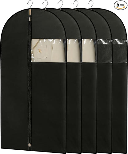 Suit Bags for Closet Storage, 43'' Garment Bags for Hanging Clothes, Suit Garment Bag, Black Suit Cover Bags with Clear Window for Coats, Jackets, Shirts（5 Packs）