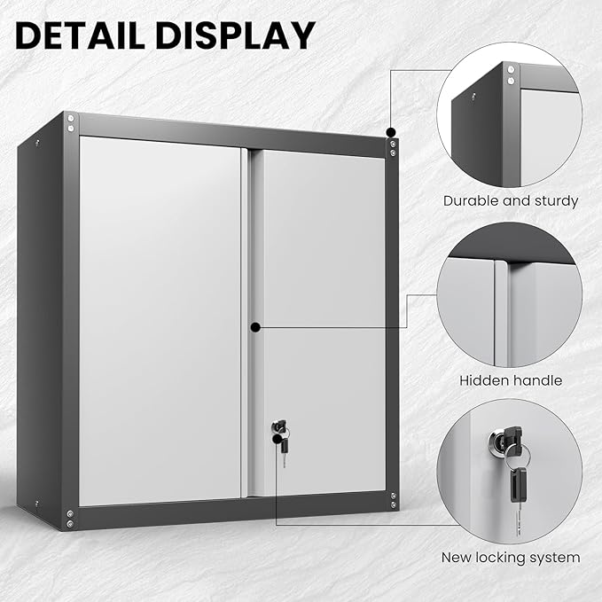 Metal Wall Cabinet, Garage Cabinets Wall Mounted, Locking Storage with Adjustable Shelves, Wall Mounted Garage Cabinet with Doors, Floating Cabinet for Home Office, Utility Room