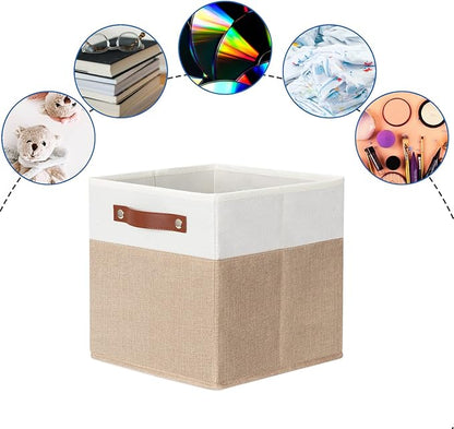 DULLEMELO 11 inch Cube Storage Bins,Fabric Storage Cubes for Organizing,Collapsible Foldable Linen Canvas Closet Storage Bins for Shelves Closet Bedroom Toys Home Office(White&Khaki)