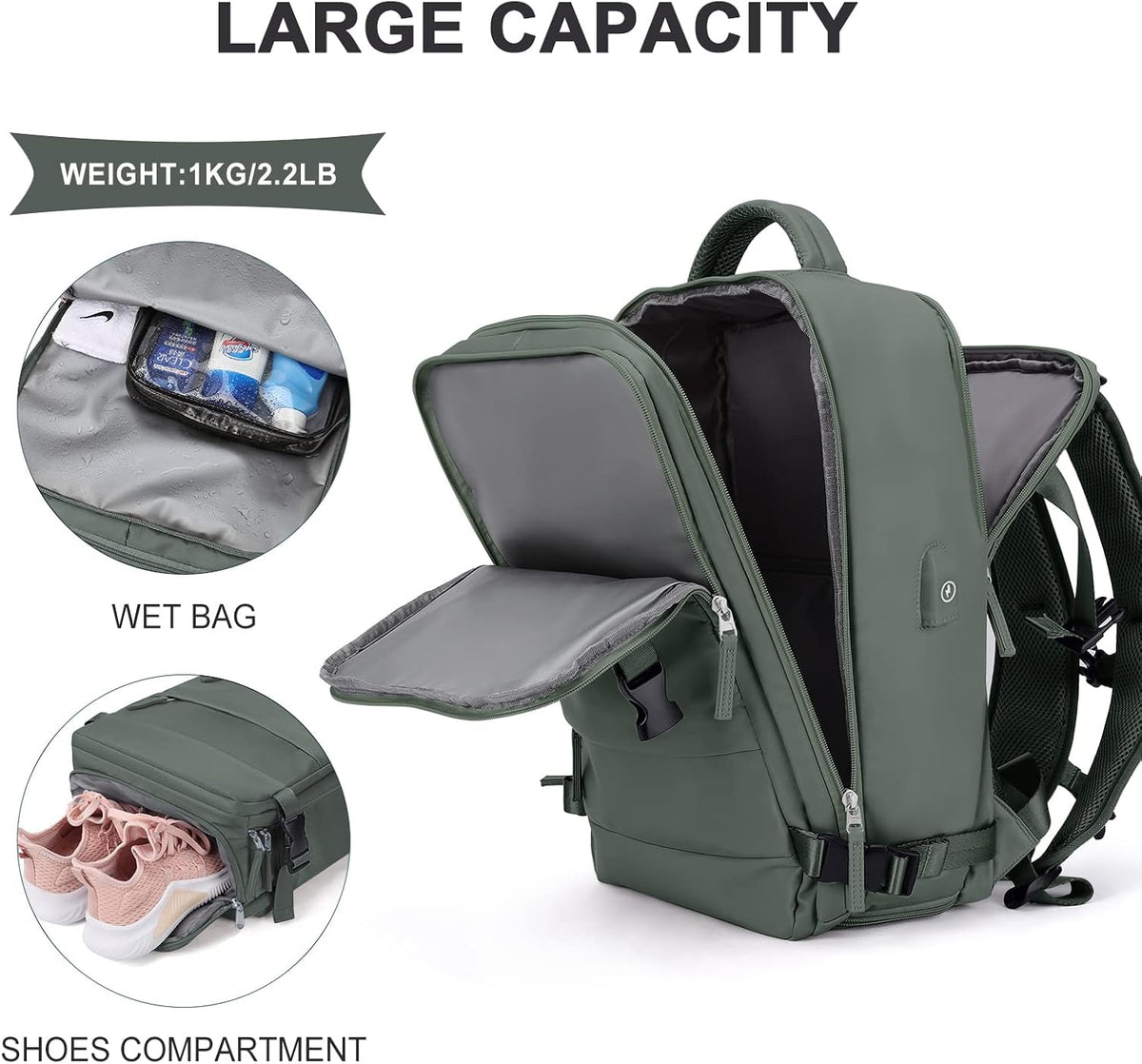 coowoz Travel Backpack For Women Men,Carry On Backpack,Hiking Backpack Waterproof Outdoor Sports Rucksack Casual Daypack Travel Essentials(Olive Green)