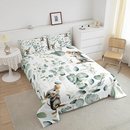 Erosebridal Kids Cute Animal Full Bedding Sets for Girls Boys Cartoon Mouse Comforter Set, Spring Eucalyptus Bedding Comforter Sets Watercolor Leaves Duvet Insert, Kawaii Animal Mice Down Comforter
