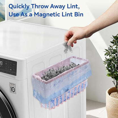Magnetic Dryer Ball Holder and Magnetic Hanger Holder for Laundry Room Organization and Storage, Magnetic Lint Bin for Laundry Room, Iron Basket Dryer Ball Container for Laundry Room Storage (Pink)