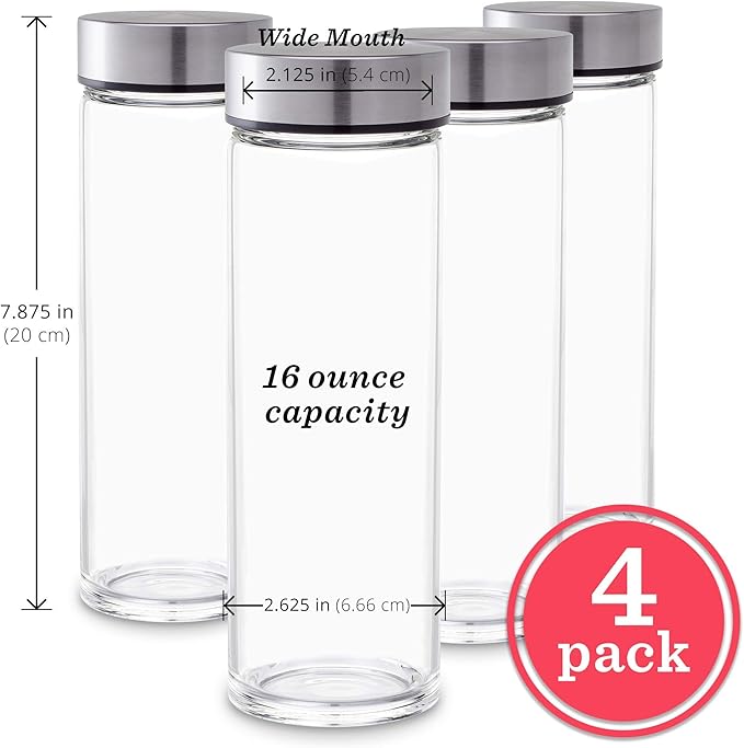 Juice Bottles - 4 Pack Wide Mouth Glass Bottles with Lids - for Juicing, Smoothies, Infused Water, Beverage Storage - 16oz, BPA Free, Stainless Steel Lids, Leakproof, Reusable, Borosilicate