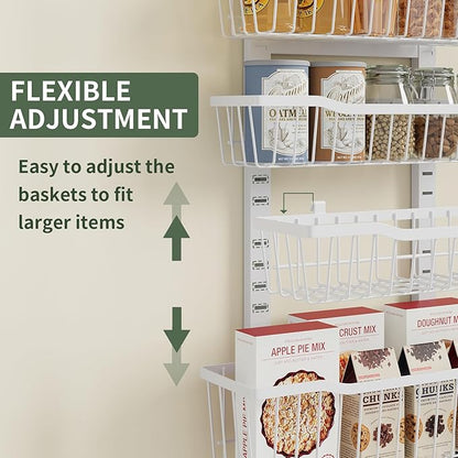 Over The Door Organizer，8-Tier Over The Door Pantry Organizer with Adjustable Baskets，Metal Hanging Pantry Organizers and Storage for Kitchen, Back of Door Seasoning Rack (White)