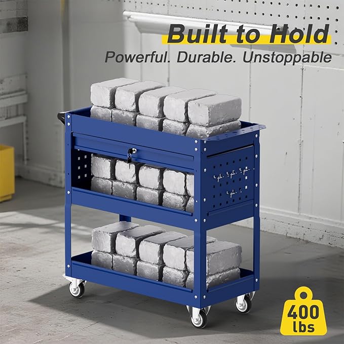 3-Tier Rolling Tool Cart with Drawers, Heavy Duty Utility Storage Cart with pegboard, Lockable Metal Tool Chest on Wheels for Garage, Warehouse & Repair Shop