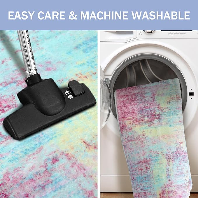IOHOUZE Small Abstract Area Rug 2x3 Ft Entryway Rugs Washable Door Mat Indoor Entrance, Rubber Backed Throw Rugs, Printed Faux Wool Non Slip Floor Carpet for Foyer Front Door Sink, Pink Teal