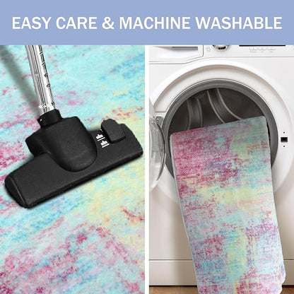 IOHOUZE Abstract Area Rugs 6x9 Ft Washable Rugs for Living Room, Non Slip Dining Room Rug, Printed Faux Wool Rugs for Bedroom, Floor Carpet for Office Nursery Playroom, Pink Teal