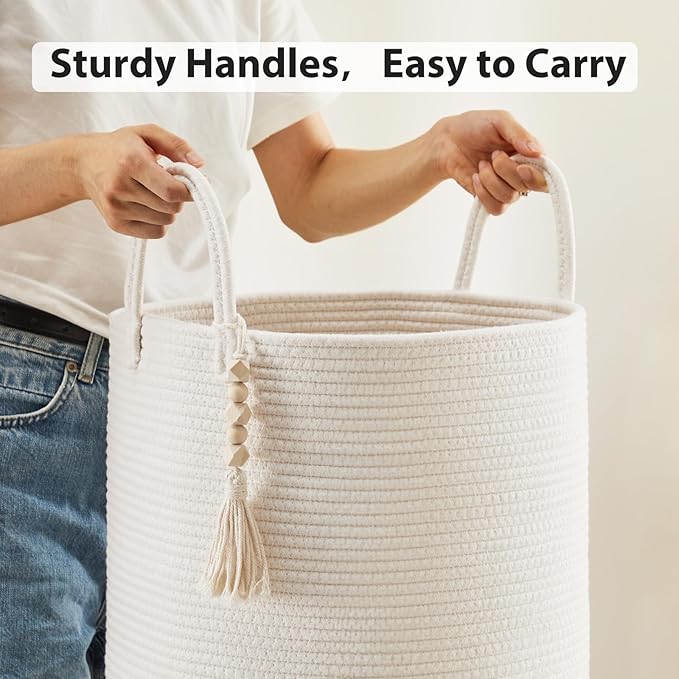 Fiona's magic Woven Rope Laundry Hamper, Tall Laundry Basket for Blanket Storage, Large Dirty Clothes Hamper for Toys, Decorative Baby Nursery Hamper for Bedroom, Living Room - White, 72L