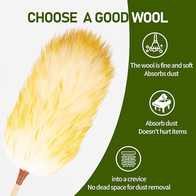 Natural Lambswool Duster 20 Inch Handheld with Wooden Handle Duster Dusting Tool for Blinds Electronics Furniture Delicate Surfaces (2Pcs)
