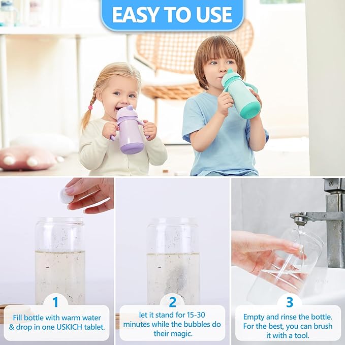 USKICH 48 Pack Water Bottle Cleaning Tablets,Water Bottle Cleaner Great for Stainless Steel, Thermos, Tumbler, Insulated and Reusable Water Bottles,Removes Stubborn Stains and Odors