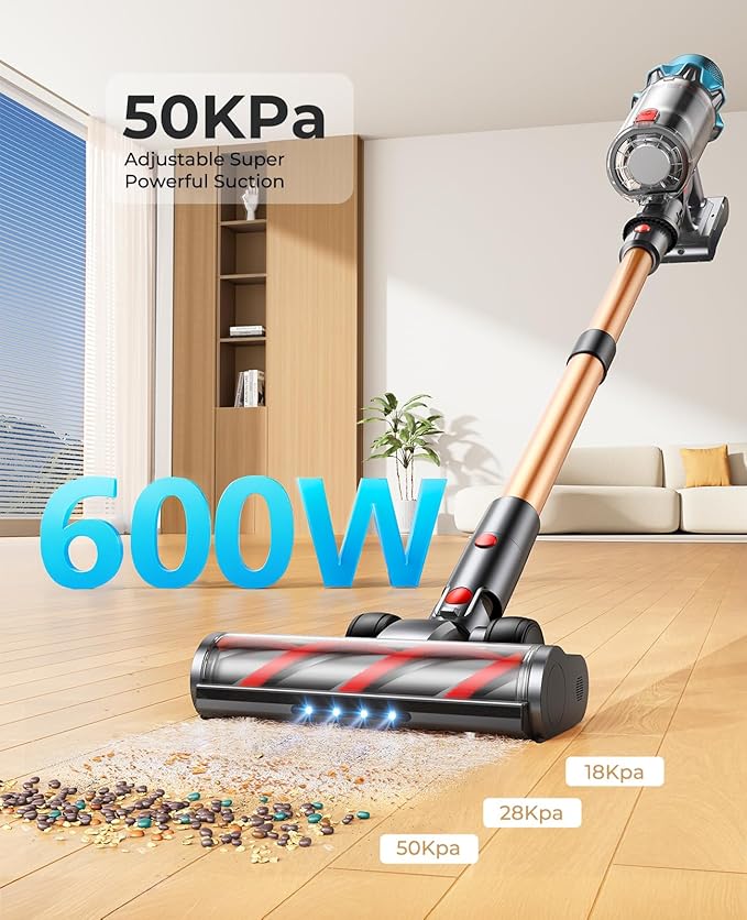 Cordless Vacuum Cleaner 600W/50Kpa, Stick Vacuum Cleaners 65 Mins Max Runtime with Charging Dock, Self-Standing Handheld Vacuum with Touch Display, 6-in-1 Vacuum Cleaner for Carpet/Hard Floor/Pet Hair