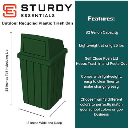 32 Gallon Square Slatted 100% Recycled Plastic Heavy-Duty Commercial Outdoor or Indoor Trash Can with Push Top Lid | Great for Schools and Businesses - Green