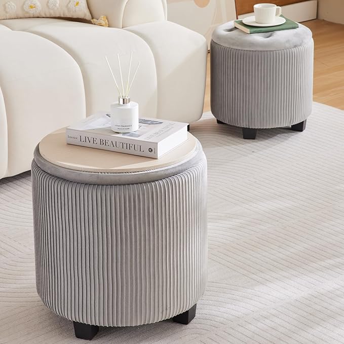 Big Round Ottoman with Storage Set of 2,Upholstered Velvet Vanity Stool for Makeup Multifunctional Foot Rest Coffee Table Padded Seat Tufted Ottomans for Living Room&Bedroom (Grey)