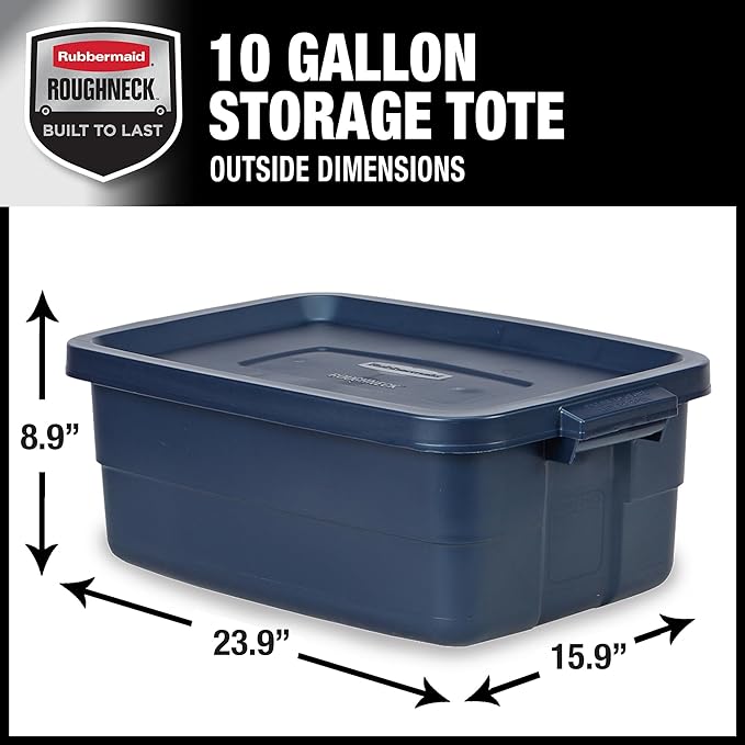 Rubbermaid Roughneck Tote 10 Gal, 8 Pack, Made in USA, Dark Indigo Metallic, Rugged Plastic Stackable Storage Bins with Lids and Handles
