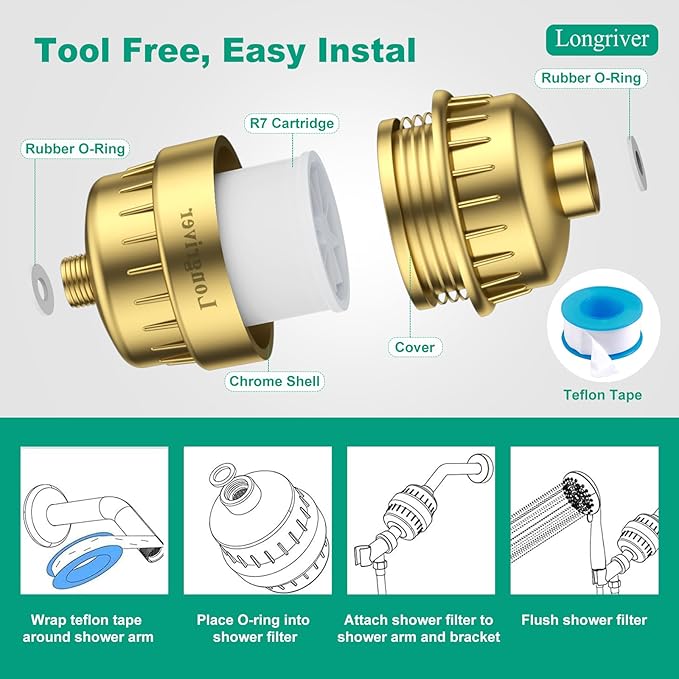 R7 Shower Filter High Put Shower Water Filter for Hard Water 99.99% Remove Chlorine, Heavy Metals, Shower Water Softener, Improve your skin and hair, Bathroom Fixture Hardware Parts, Brushed Gold