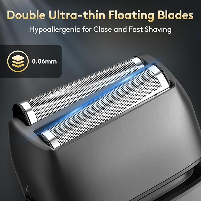 Brightup Foil Shaver, Mens Electric Razor, Shavers for Men with Trimmer, Cordless USB-C Rechargeable Waterproof Double Floating Blades for Close Shaving Face, 2 Speed, LED Display&Travel Pouch, Gray