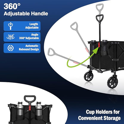 Moon Lence Large Collapsible Folding Wagon Cart Heavy Duty Folding Garden Portable Handy Cart with All-Terrain Beach Wheels, Adjustable Handle & Drink Holders (Black-New)
