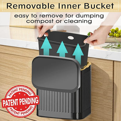 GloDeals Kitchen Trash Can for Counter Top or Under Sink, 1.05 Gallon Stainless Steel Small Compost Bin, Wall Mount Compost bin with Lid for Kitchen, Cabinet Trash Can Hanging (Black)