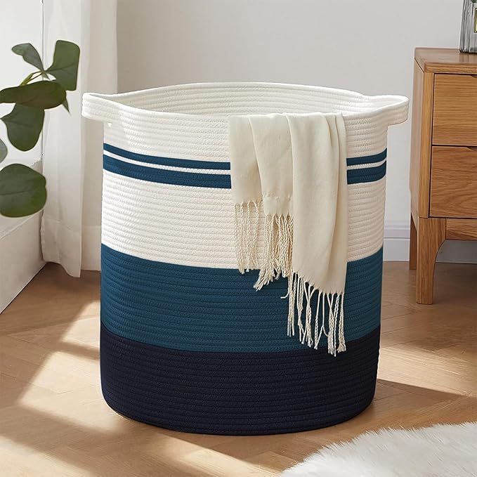 OIAHOMY 80L Laundry Baskets Hamper with Handles,Decorative Basket for Living room,Woven Storage Basket for Toys Bin,Pillows, Blankets,Clothes-20x18in-Gradient Blue