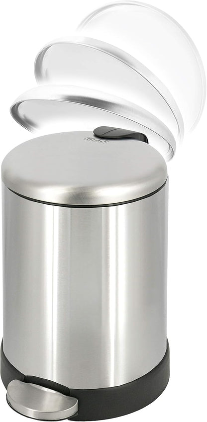 GLAD Small Trash Can, 1.2 Gallon | Round Stainless Steel Garbage Bin with Soft Close Lid & Step Foot Pedal | Metal Waste Basket with Removable Inner Bucket, Stainless