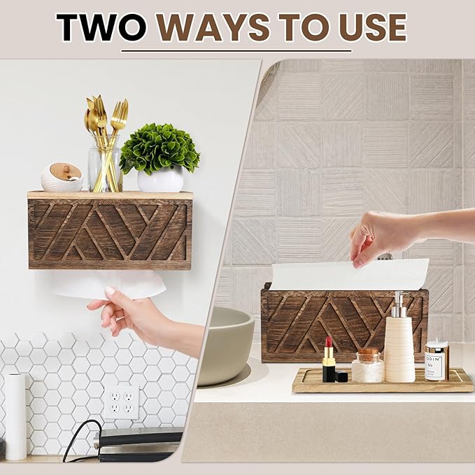 Set of 2 Paper Towel Dispenser Wall Mount, Paper Towel Holder Wall Mounted with Lid, Solid Wood Commercial C-Fold, Z-Fold, Trifold Hand Paper Towel Holder Hand Towel Holder for Bathroom Kitchen Decor