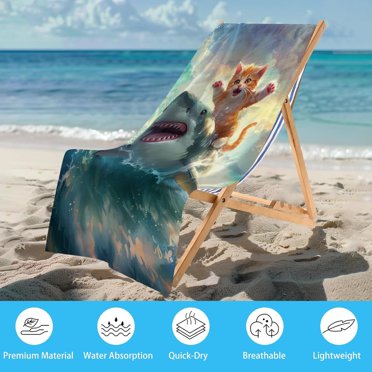 WZOMT Cute Cat Beach Towel, Microfiber Shark Beach Towel, Funny Cat Ride Shark Surfing Ocean Towels, Cats Towels for Cats Lovers, Quick Dry Kitten Kitty Bath Pool Towel, Oversized 32x52 Inch