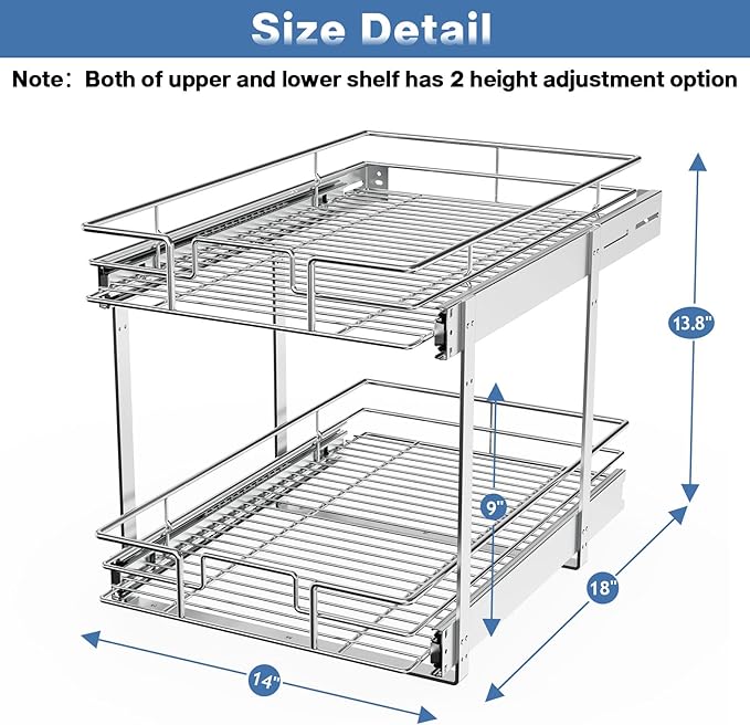 LOVMOR 2 Tier Individual Pull Out Cabinet Organizer 14" W x 18" D, Slide Out Kitchen Cabinet Storage Sliding Shelves