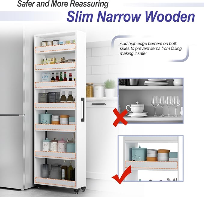 7-Tier Slim Storage Cart, Wooden Rolling Pantry Cabinet with Wheels, Narrow Shelf Organizer for Kitchen, Bakers Rack, Dining Room, Closet, Small Spaces Gray 73.2" H*9.8" W*23.6" D