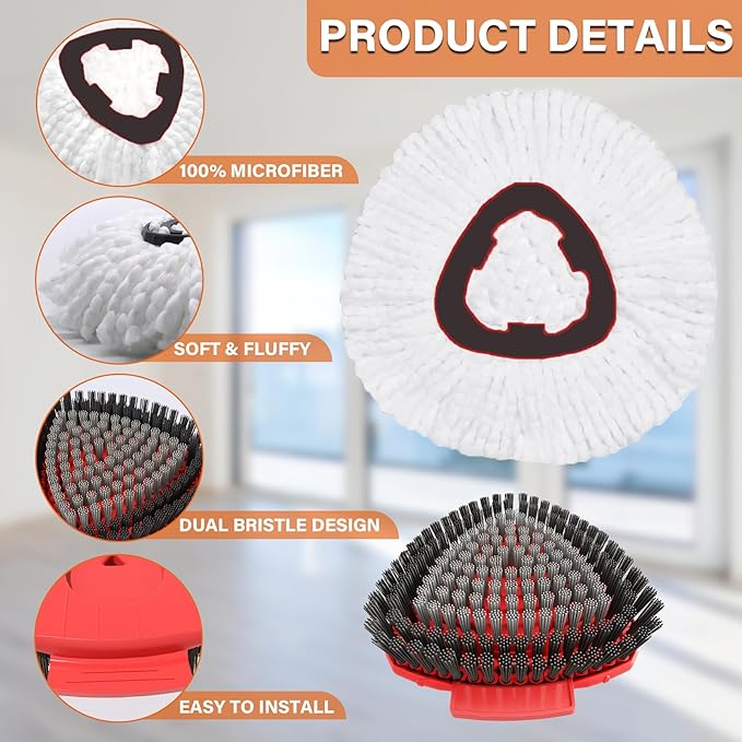 Spin Mop Head Replacement for O Cedar EasyWring 1-Tank System, 2 Mop Replace Heads + 1 Upgrade Scrubber Brush, 100% Microfiber Mop Refills Deep Cleaning Machine Washable