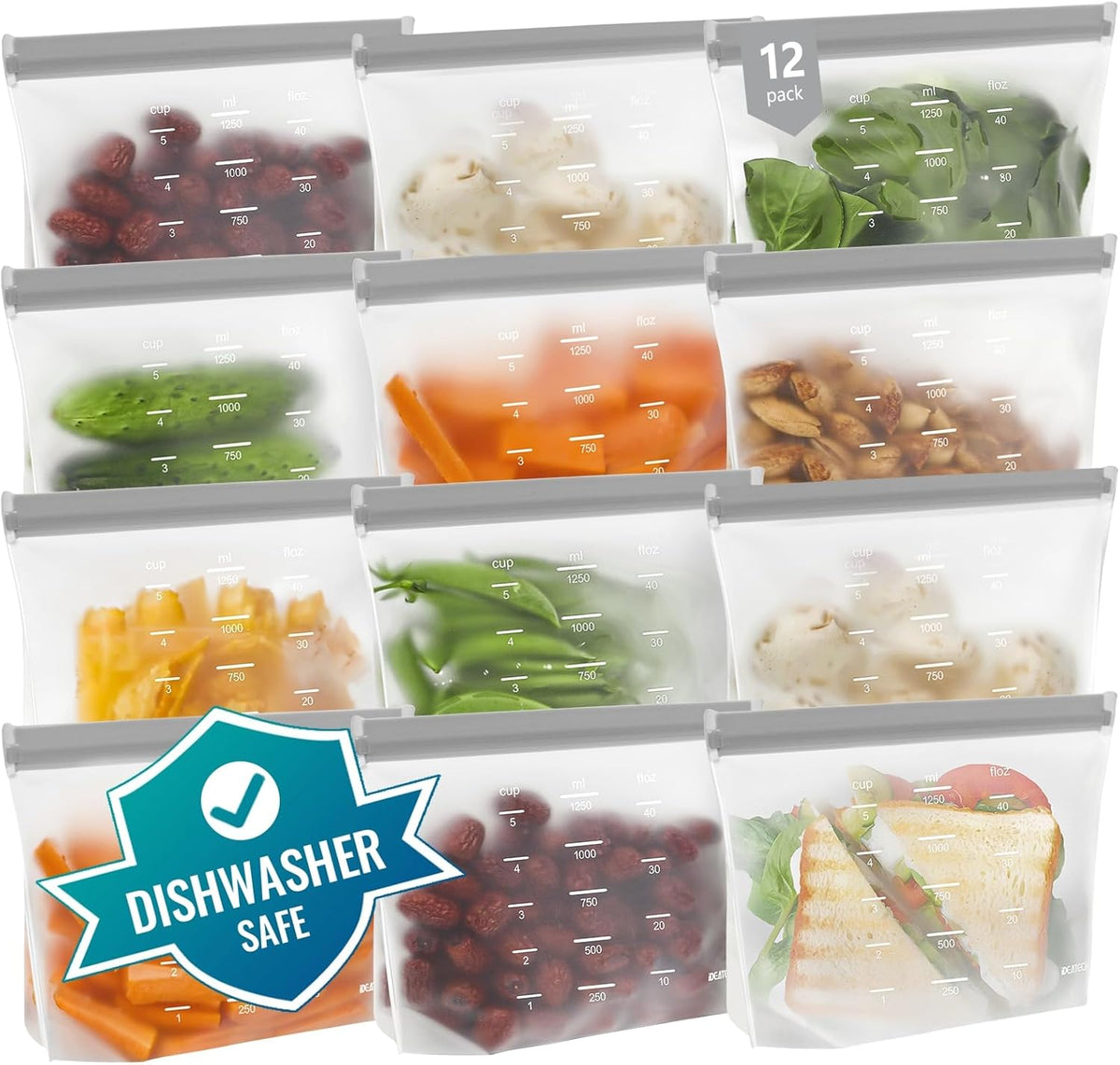 Dishwasher Safe Reusable Storage Bags Stand Up - BPA Free Reusable Sandwich Bags - Leakproof Gallon Freezer Bags, Silicone Food Storage Bags - Grey 12 Sandwich Bags