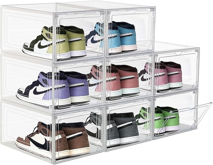 8 Pack Shoes Box Display Case Thicken Shoe Organizer Stackable Boxes for Closet Space-Saving Shoe Rack, Size 13 Clear
